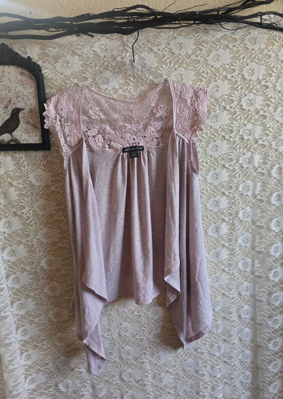 American Dream Mauve Lace Back Cardigan Shrug Draped Boho Whimsigoth [Medium]